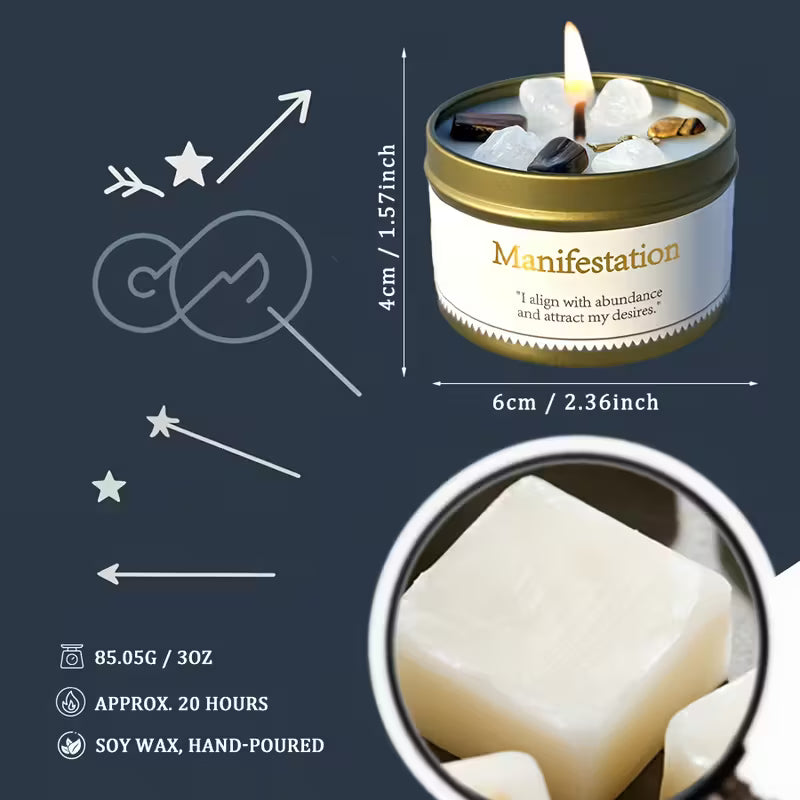 EVODUCK Manifestation Candle – Cinnamon & Sandalwood Scented Soy Wax Candle with Brown & White Crystals – Law of Attraction & Goal Setting Aid for Meditation, Yoga & Focus – 3oz