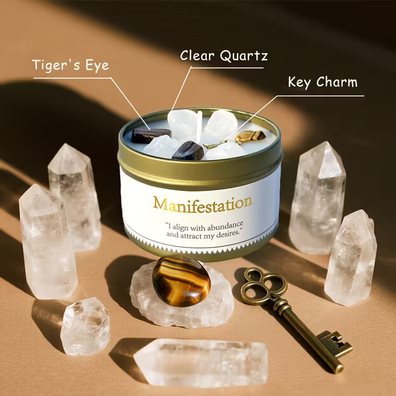 EVODUCK Manifestation Candle – Cinnamon & Sandalwood Scented Soy Wax Candle with Brown & White Crystals – Law of Attraction & Goal Setting Aid for Meditation, Yoga & Focus – 3oz