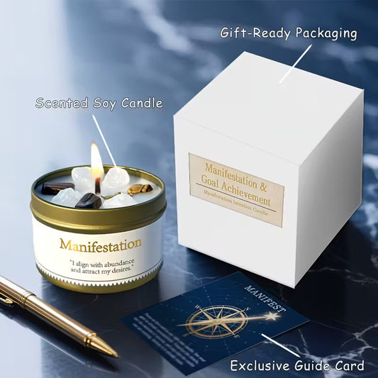 EVODUCK Manifestation Candle – Cinnamon & Sandalwood Scented Soy Wax Candle with Brown & White Crystals – Law of Attraction & Goal Setting Aid for Meditation, Yoga & Focus – 3oz